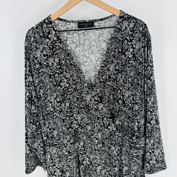 Lane Bryant Black White Floral Maxi Dress 22/24 Plus Wrap Style Long Sleeve - Picture 6 of 12